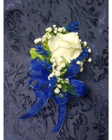 White Rose & Blue Corsage