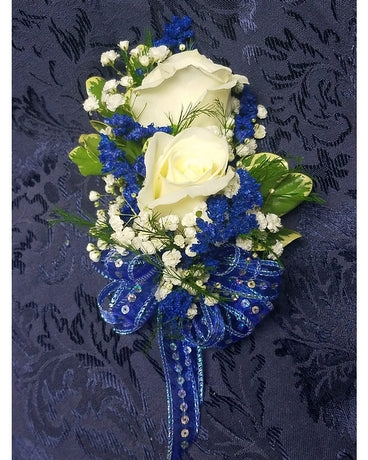 2 White Rose & Blue Corsage