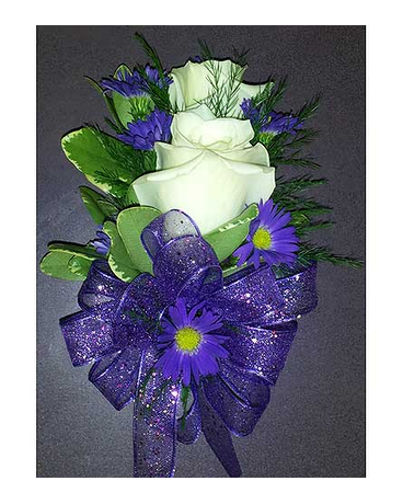 2 White Rose & Purple Monte Corsage